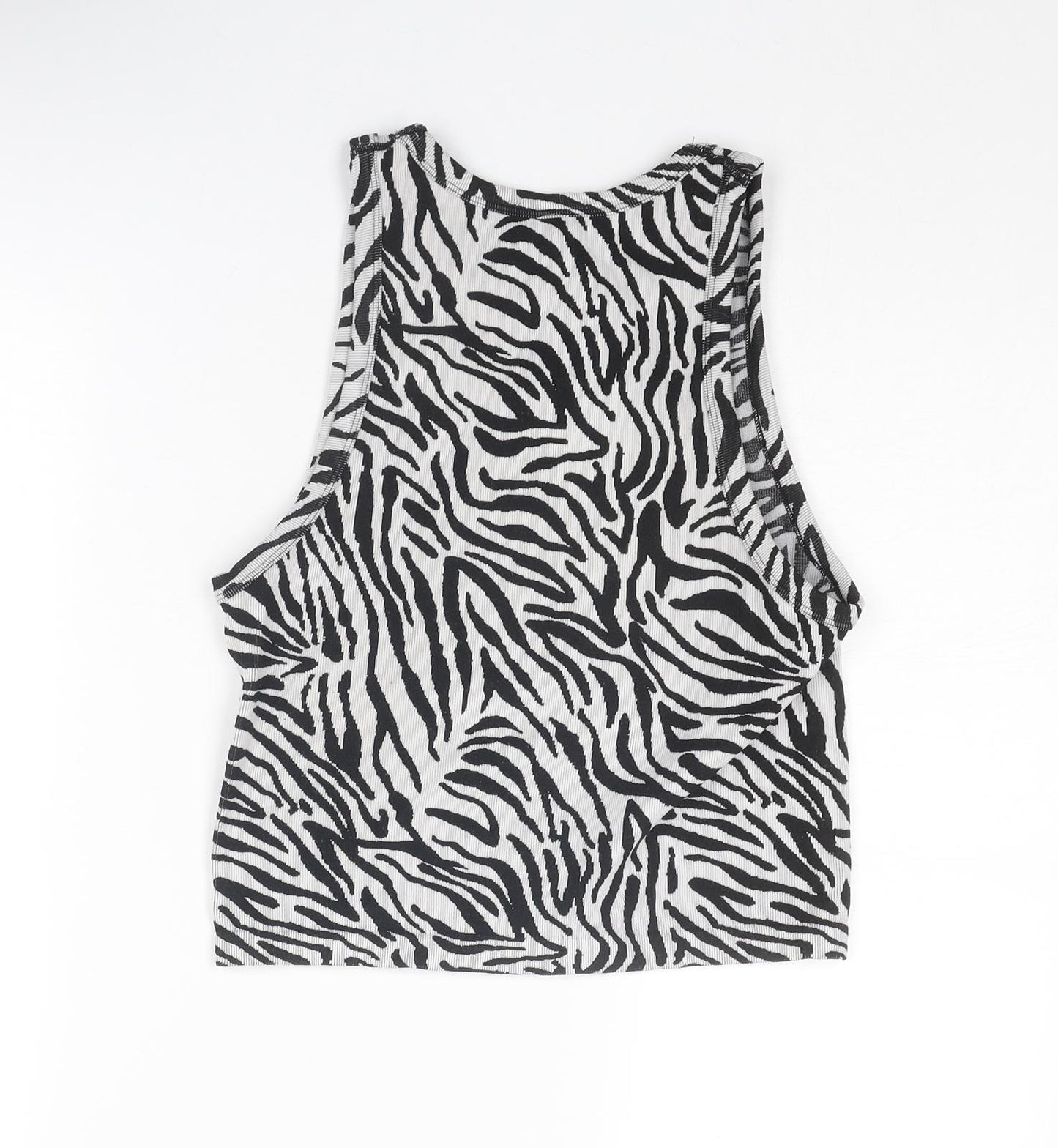 Stradivarius Womens Black Animal Print Polyester Cropped Tank Size L Round Neck - Zebra Pattern