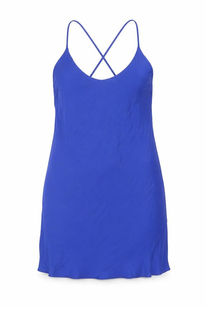 Front view of Marks & Spencer women’s blue polyester slip dress, size UK 12, round neck pullover