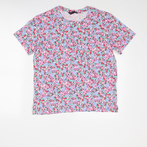 Marks and Spencer Womens Multicoloured Floral Cotton Basic T-Shirt Size 12 Round Neck