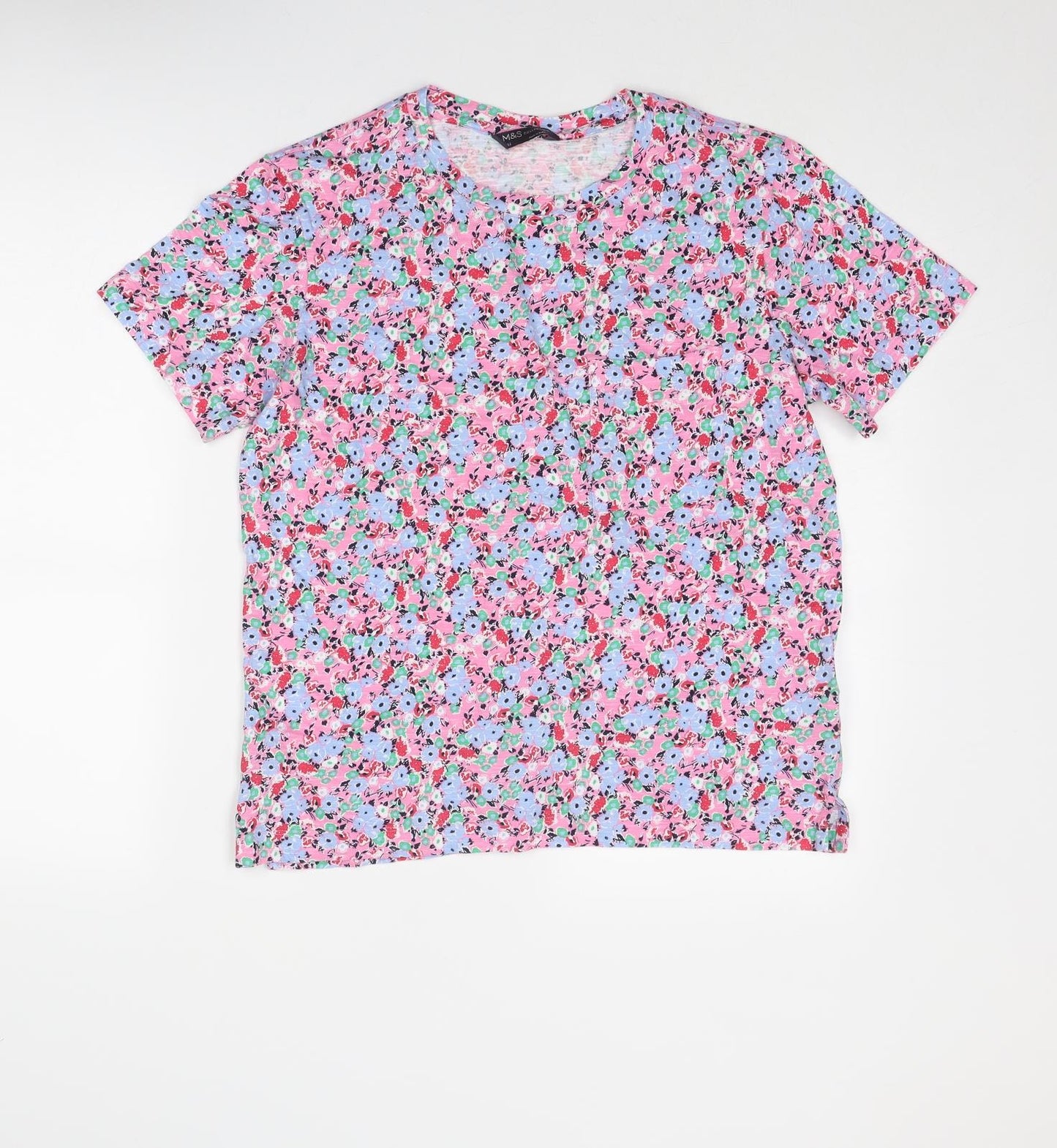 Marks and Spencer Womens Multicoloured Floral Cotton Basic T-Shirt Size 12 Round Neck