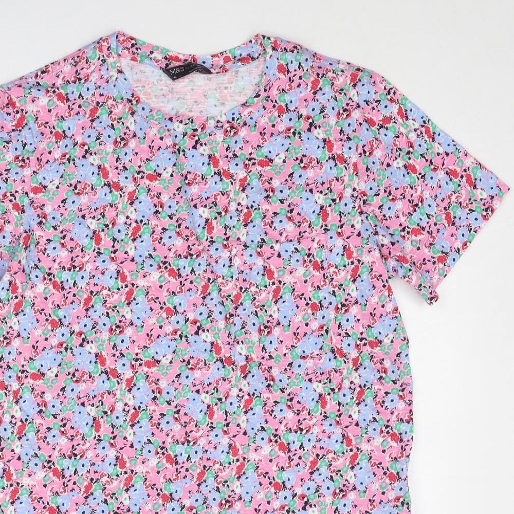 Marks and Spencer Womens Multicoloured Floral Cotton Basic T-Shirt Size 12 Round Neck