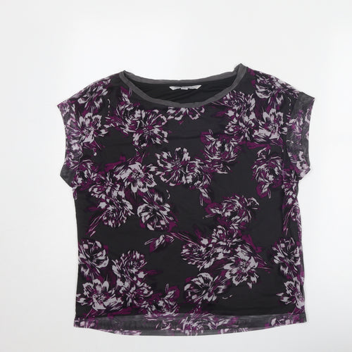 Adrienne Vittadini Womens Grey Floral Polyester Basic T-Shirt Size S Round Neck