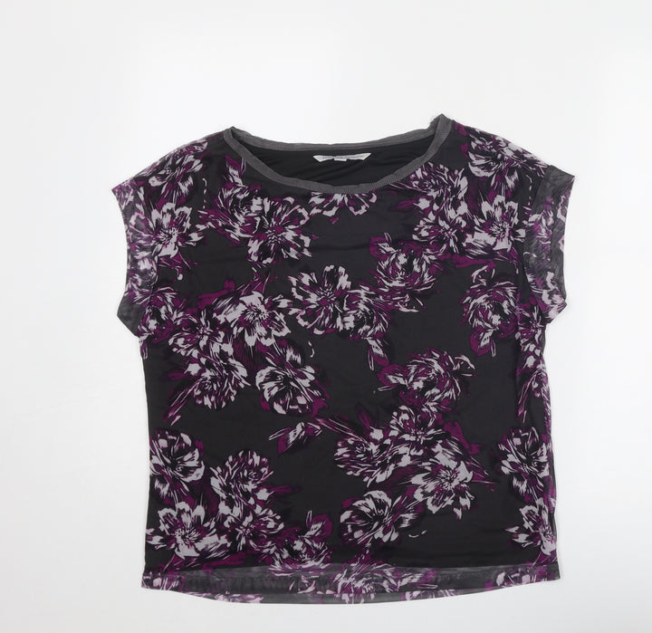 Adrienne Vittadini Womens Grey Floral Polyester Basic T-Shirt Size S Round Neck