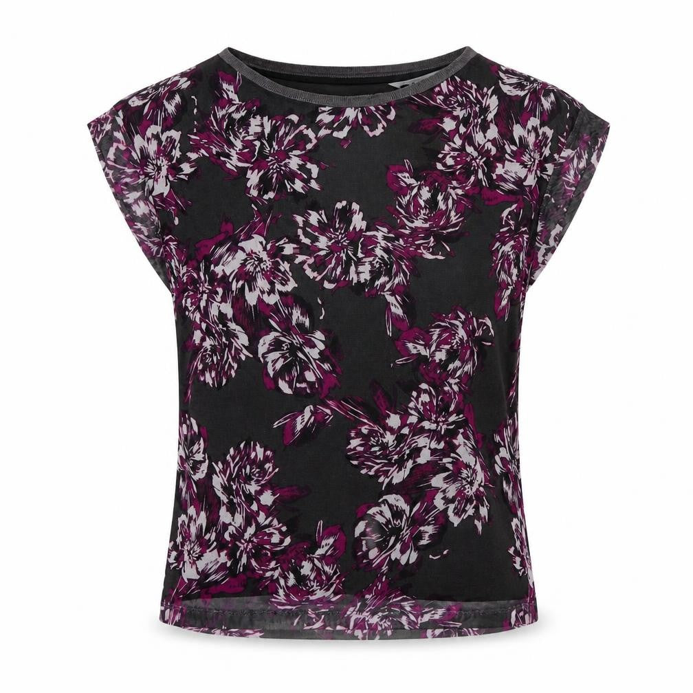 Front view of Adrienne Vittadini women’s grey floral polyester basic t-shirt, size S, round neck