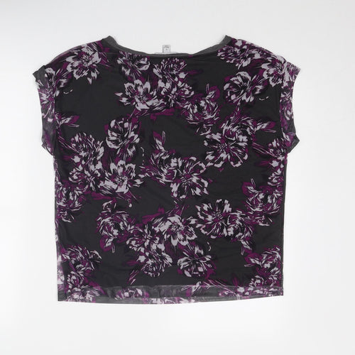Adrienne Vittadini Womens Grey Floral Polyester Basic T-Shirt Size S Round Neck