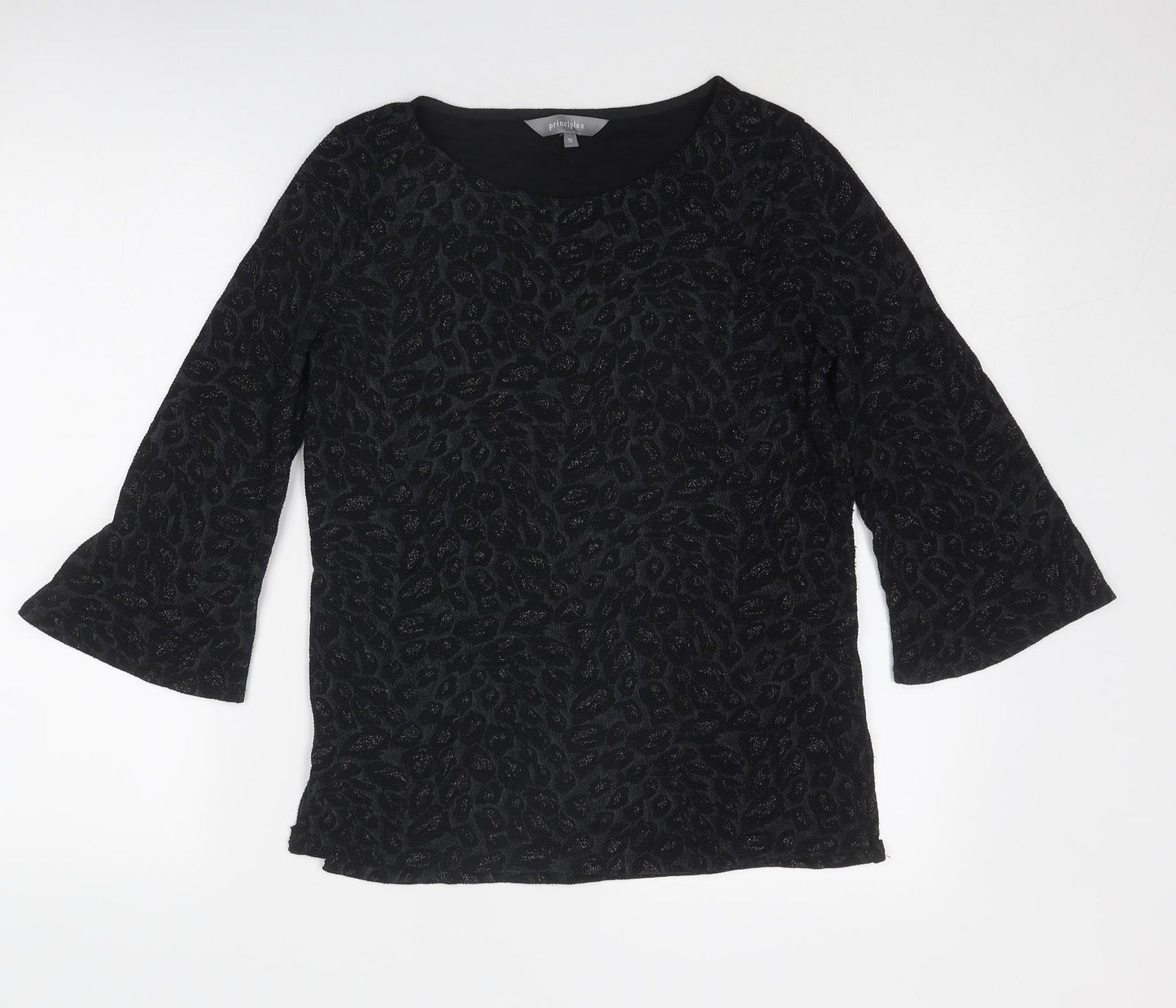 Principles Womens Black Geometric Polyester Basic Blouse Size 12 Round Neck