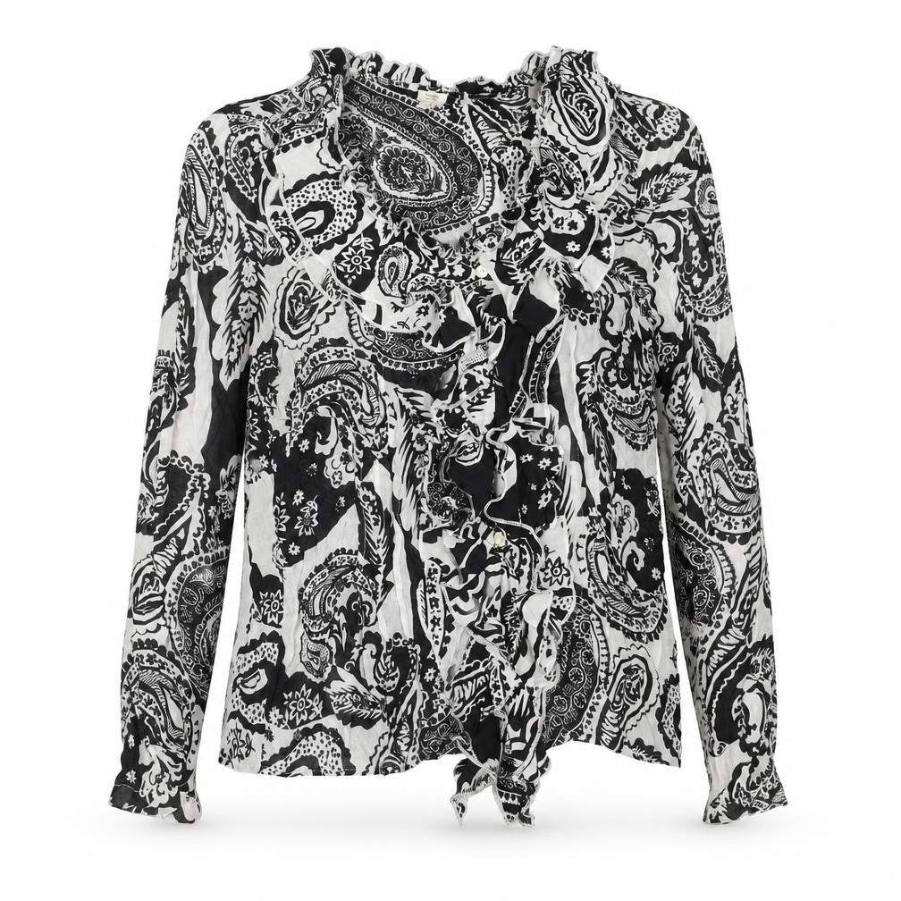 Front view of River Island women’s black geometric viscose basic blouse, size UK 12, round neck