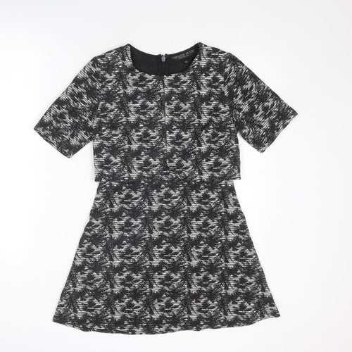 Topshop Womens Grey Floral Polyester A-Line Size 8 Round Neck Zip