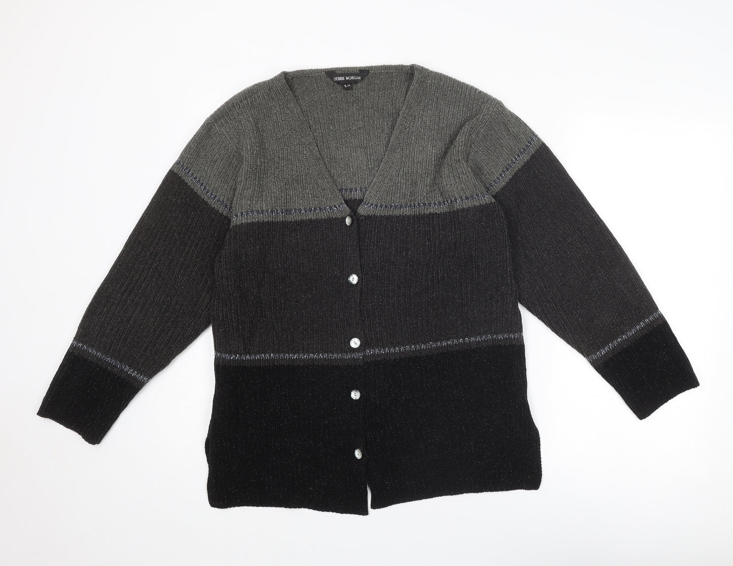 Debbie Morgan Womens Grey V-Neck Geometric Acrylic Cardigan Jumper Size S