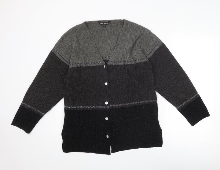 Debbie Morgan Womens Grey V-Neck Geometric Acrylic Cardigan Jumper Size S