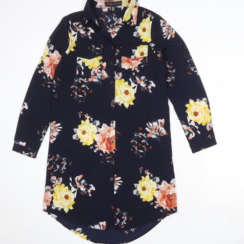 Mela London Womens Blue Floral Polyester Skater Dress Size 8 Collared Button