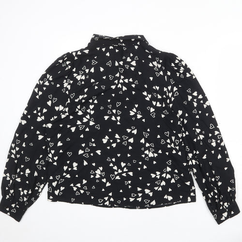 Nobody's Child Womens Black Geometric Viscose Basic Button-Up Size 14 Collared - Heart Pattern