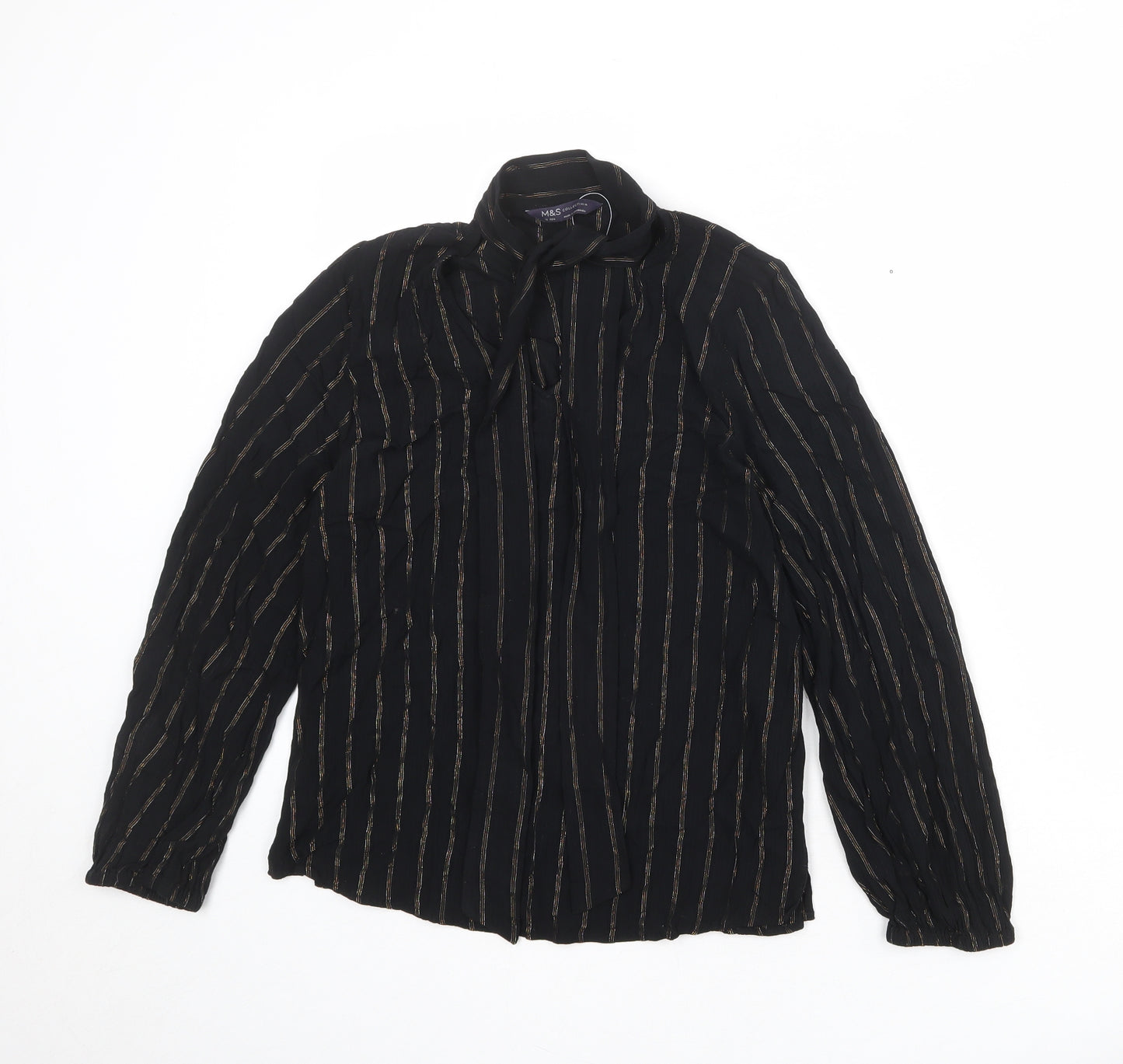 Marks and Spencer Womens Black Striped Viscose Basic Blouse Size 10 High Neck