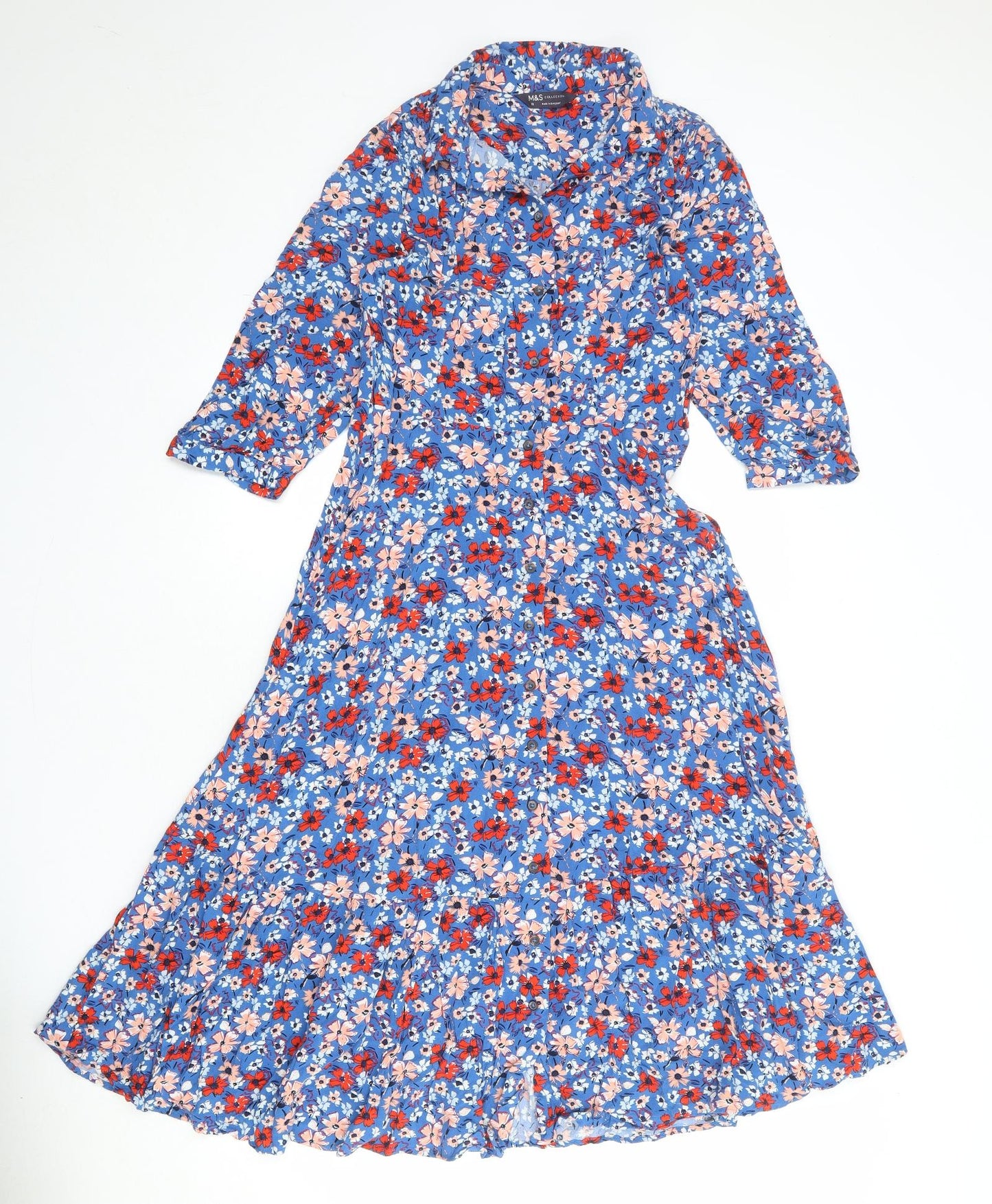Marks and Spencer Womens Blue Floral Viscose Shirt Dress Size 10 Collared Button