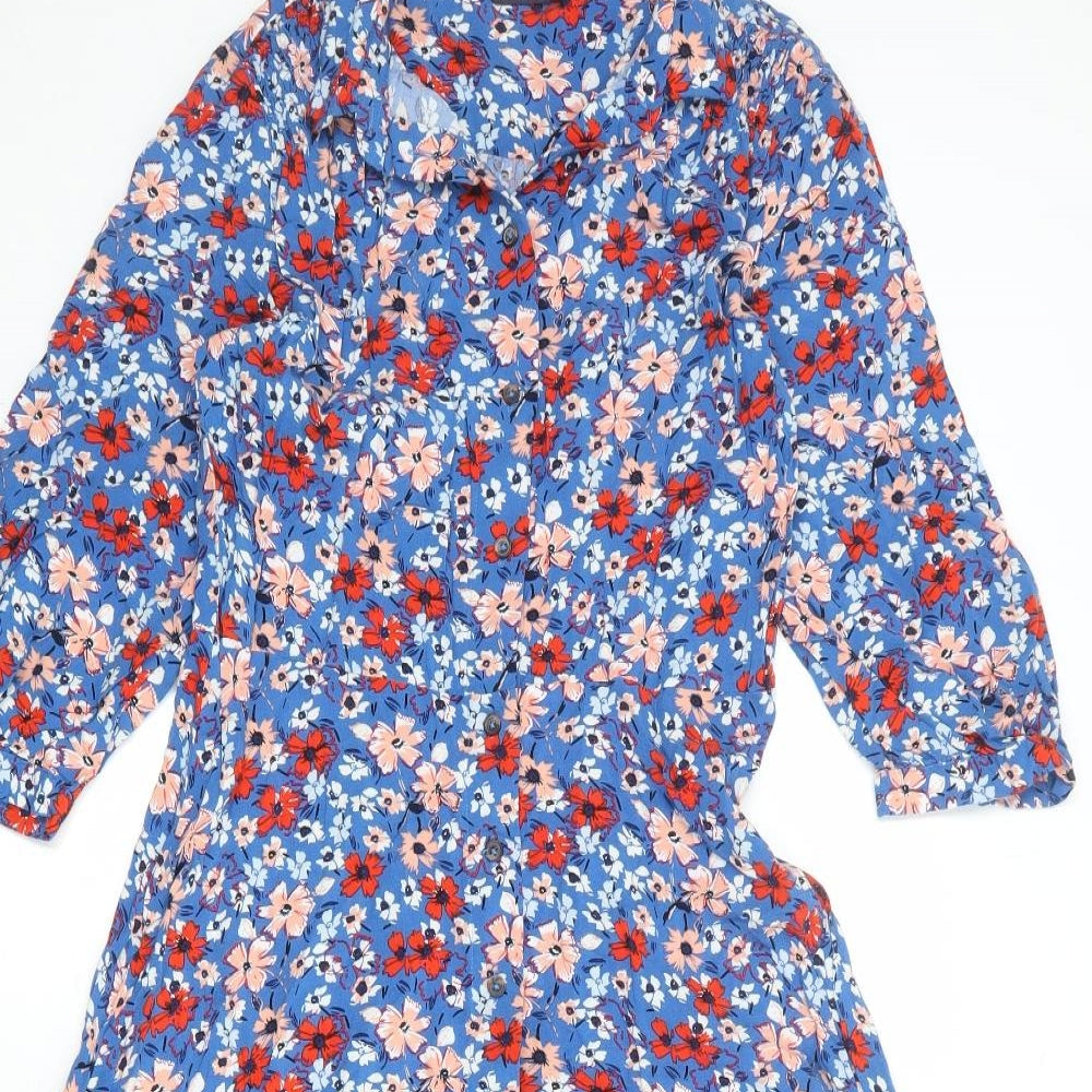 Marks and Spencer Womens Blue Floral Viscose Shirt Dress Size 10 Collared Button