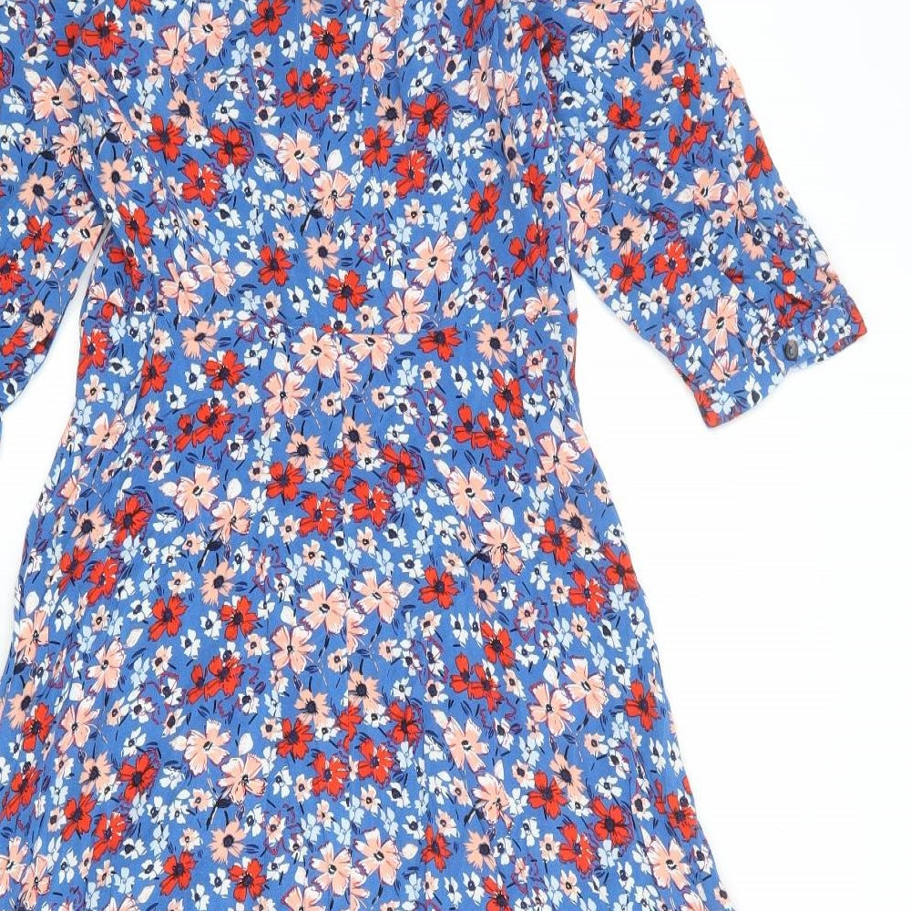 Marks and Spencer Womens Blue Floral Viscose Shirt Dress Size 10 Collared Button
