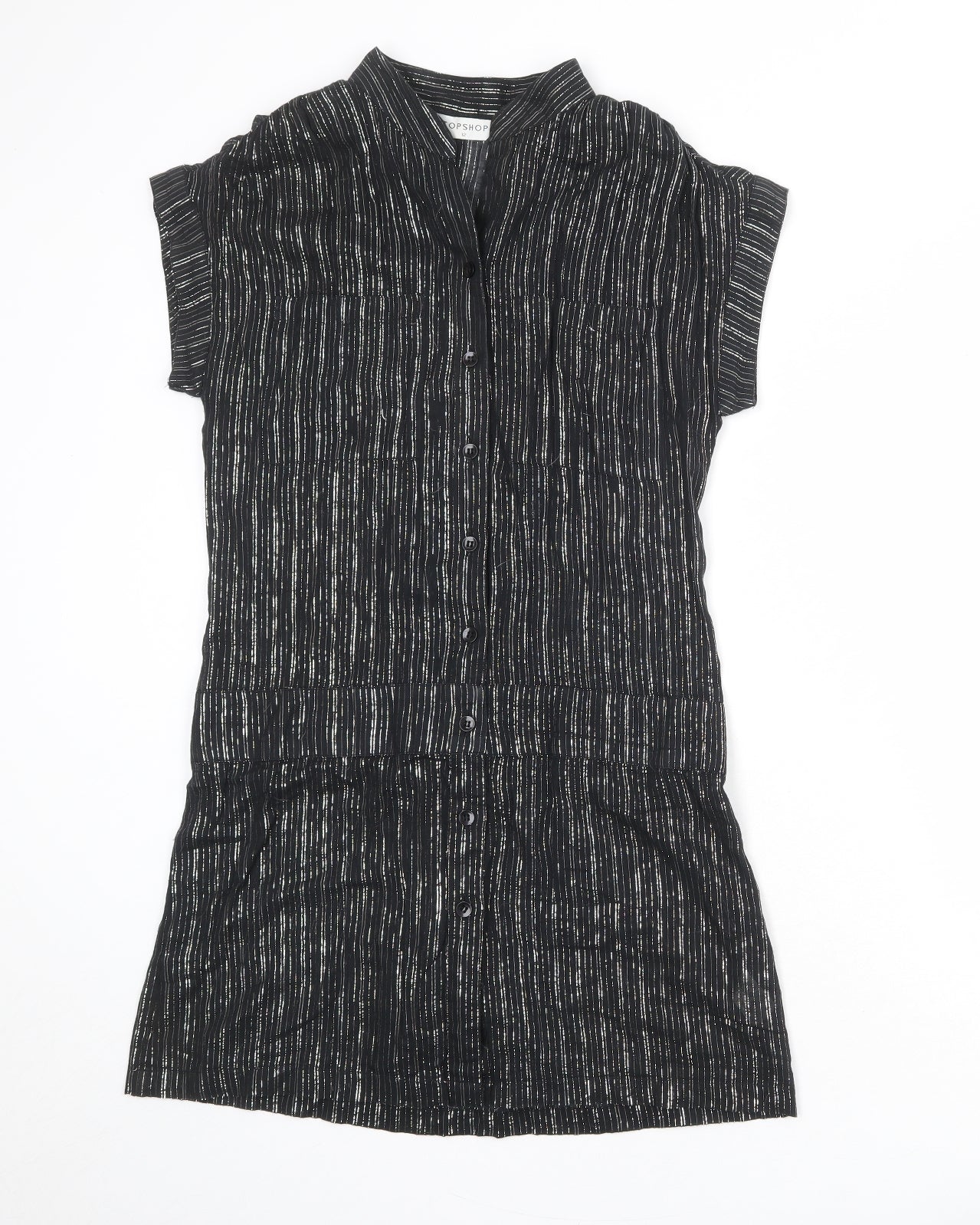 Topshop Womens Black Striped 100% Cotton A-Line Size 12 V-Neck Button