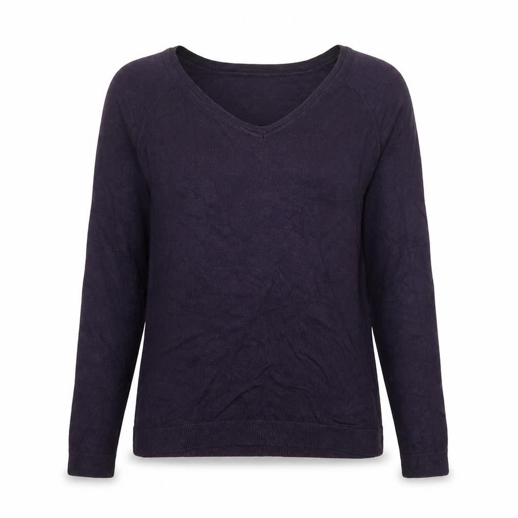 Front view of River Island women’s purple v-neck cotton jumper, size UK 14