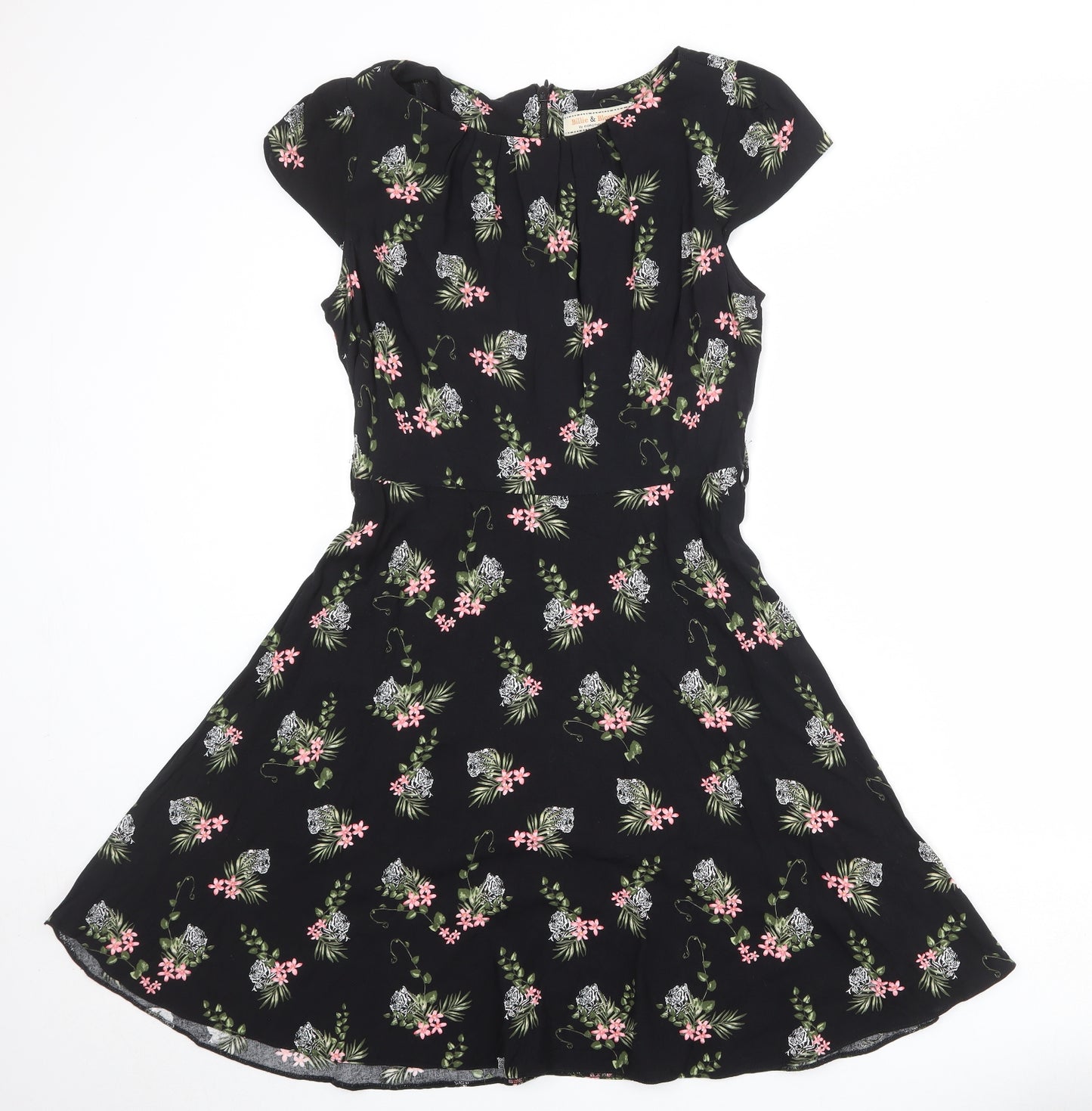 Billie & Blossom Womens Black Floral Viscose Fit & Flare Size 14 Round Neck Zip - Tiger print