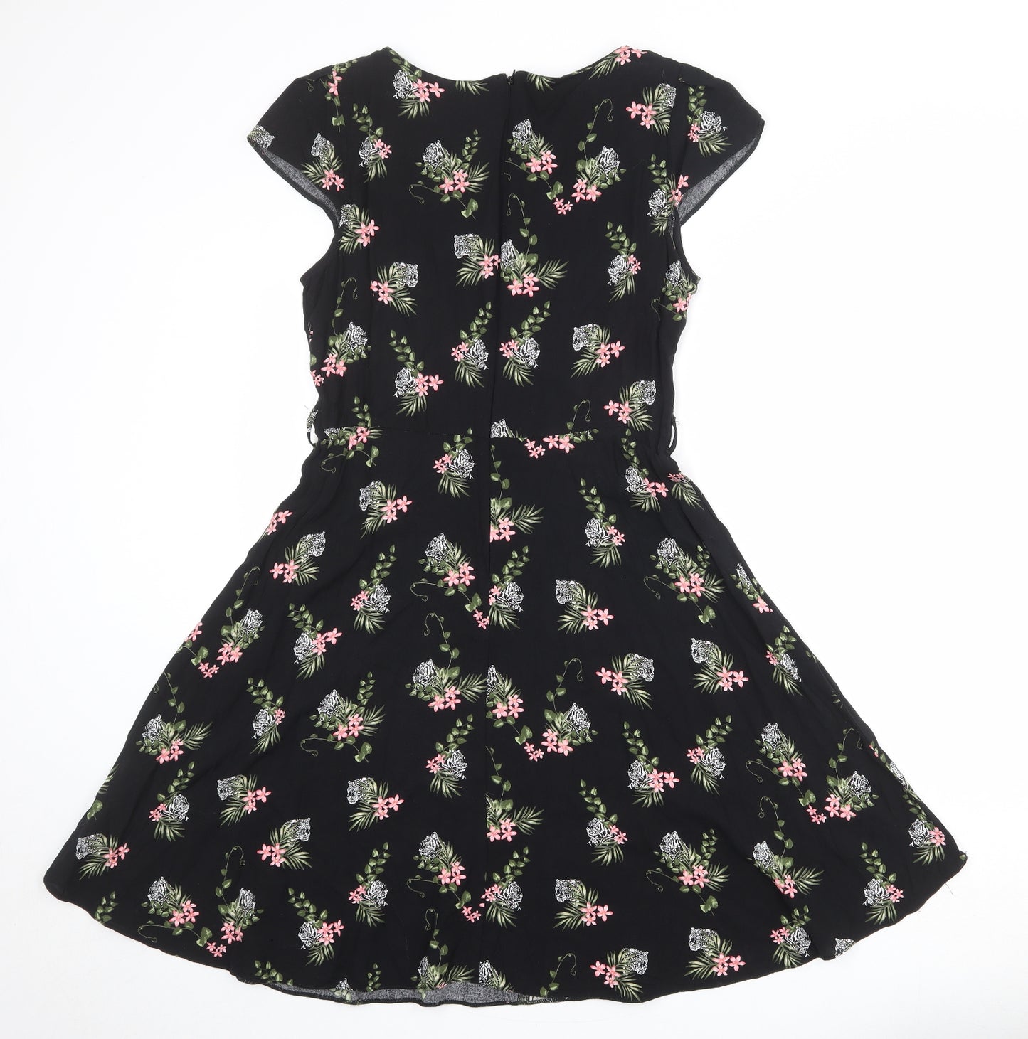 Billie & Blossom Womens Black Floral Viscose Fit & Flare Size 14 Round Neck Zip - Tiger print
