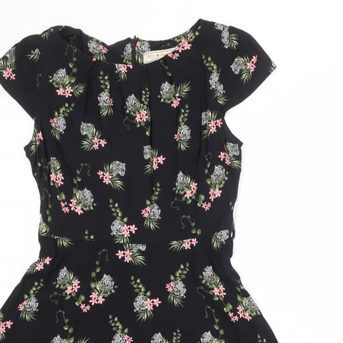 Billie & Blossom Womens Black Floral Viscose Fit & Flare Size 14 Round Neck Zip - Tiger print