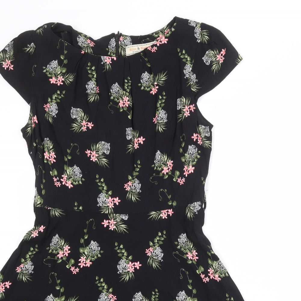 Billie & Blossom Womens Black Floral Viscose Fit & Flare Size 14 Round Neck Zip - Tiger print
