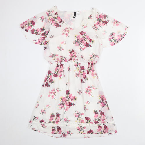 Divided by H&M Womens White Floral Polyester Fit & Flare Size 8 V-Neck Pullover