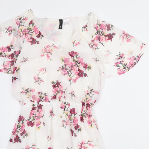 Divided by H&M Womens White Floral Polyester Fit & Flare Size 8 V-Neck Pullover