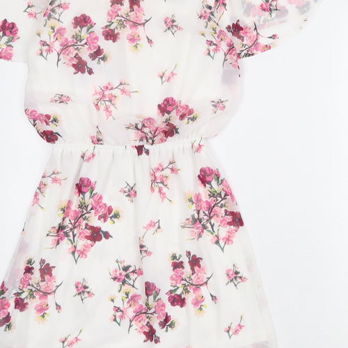 Divided by H&M Womens White Floral Polyester Fit & Flare Size 8 V-Neck Pullover