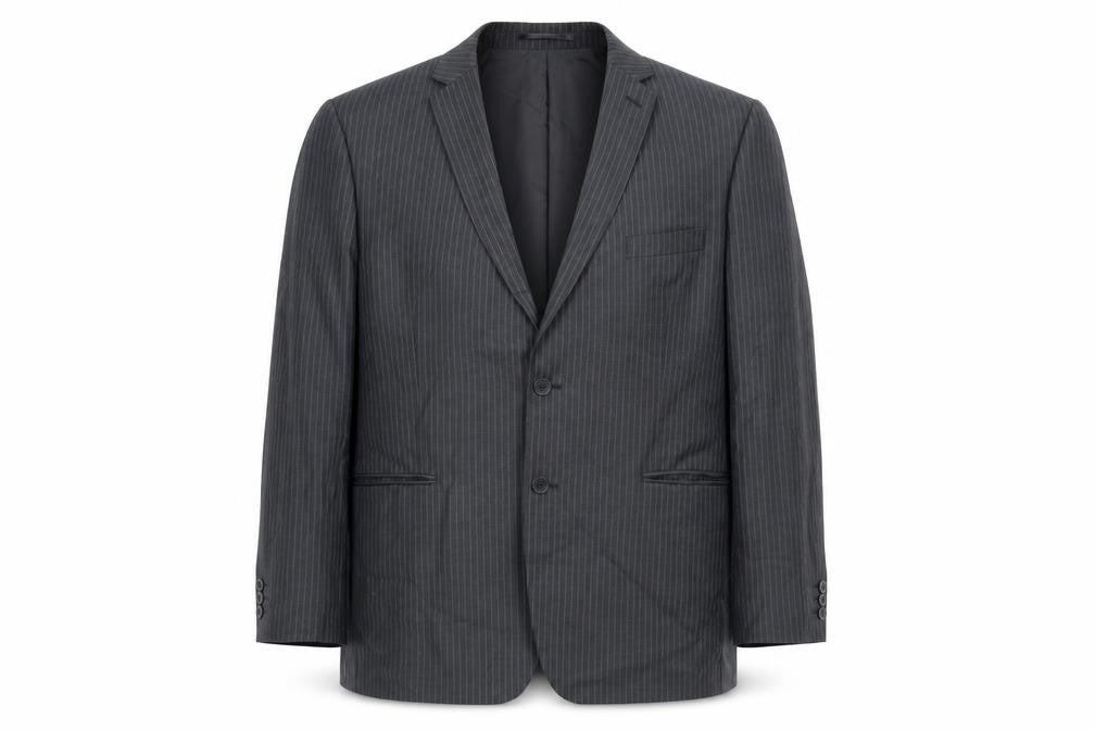Front view of Karl Jackson men’s grey striped polyester jacket suit jacket, size 44, regular