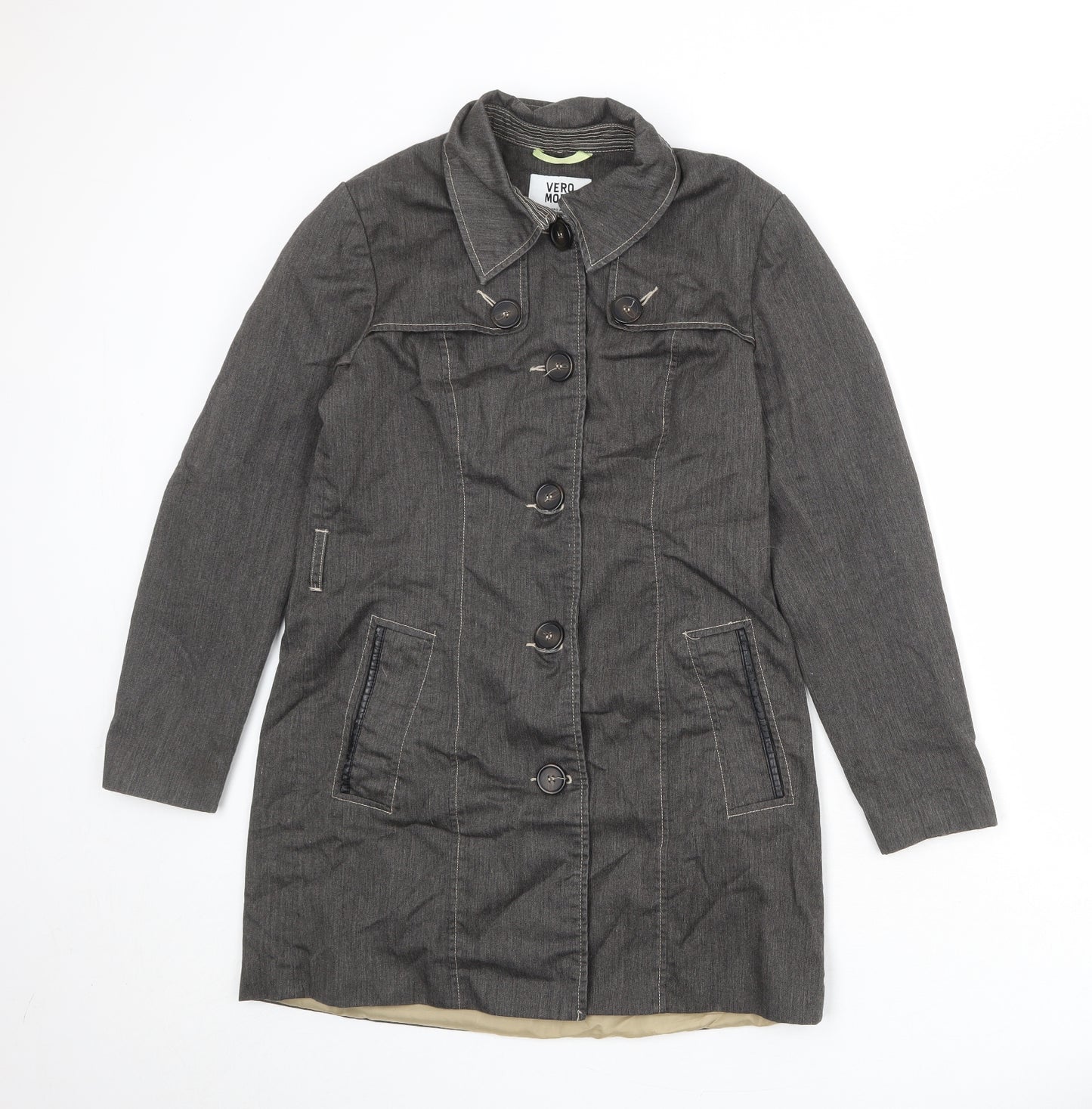 VERO MODA Womens Grey Overcoat Coat Size L Button
