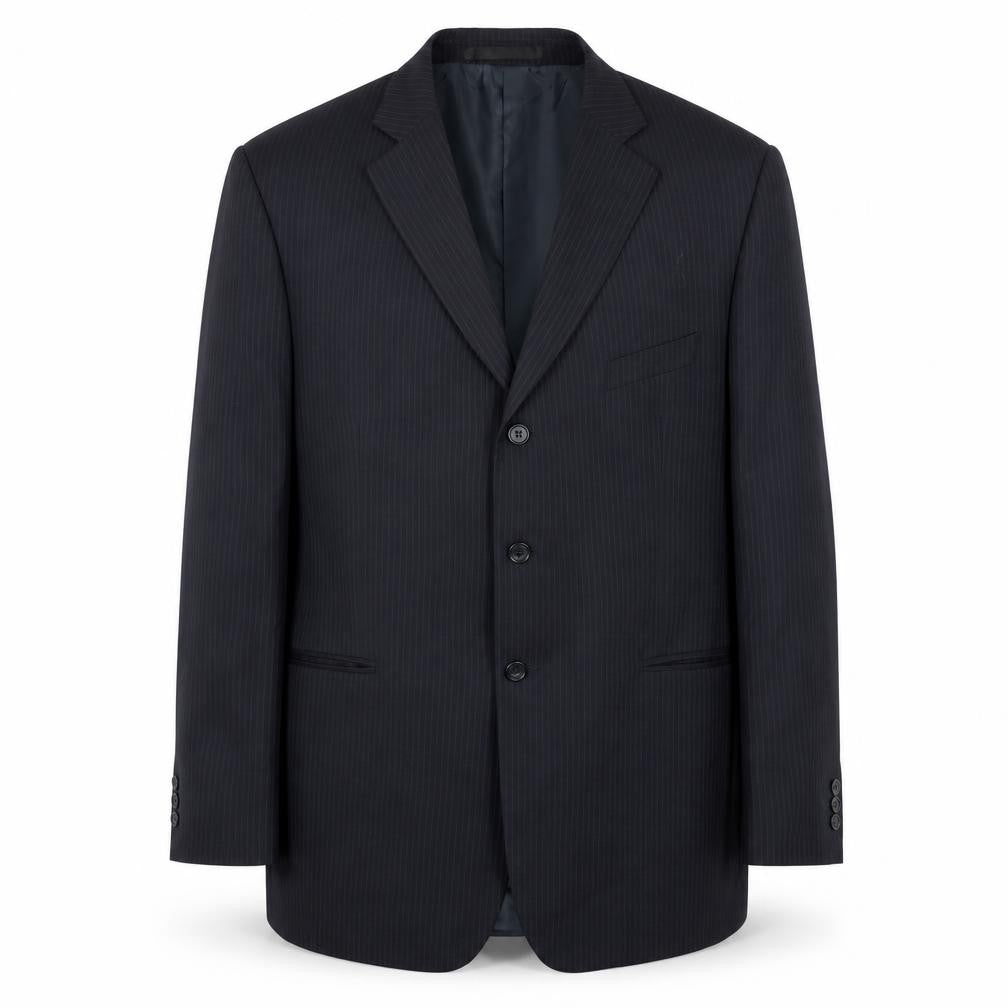 Front view of Marks & Spencer men’s blue striped polyester jacket suit jacket, size 46, regular