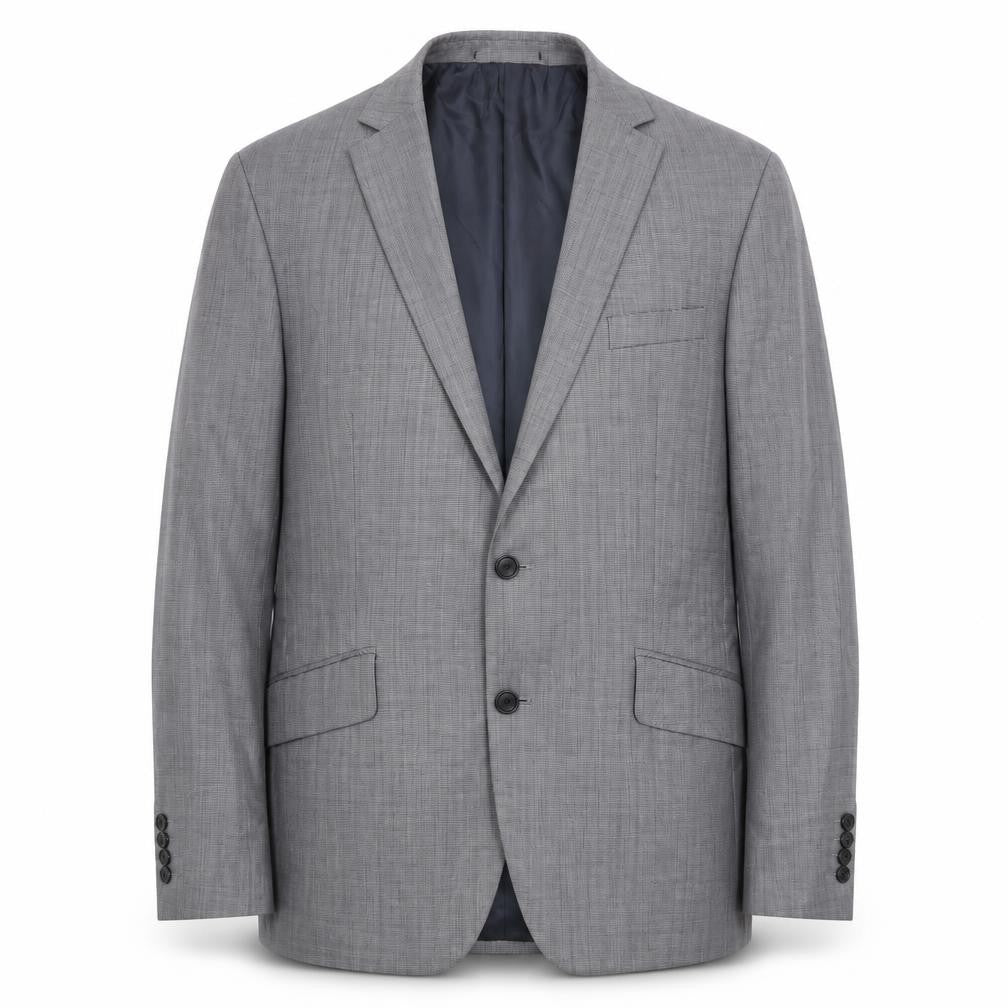 Front view of French Connection men’s grey plaid polyester jacket suit jacket, size 42, regular