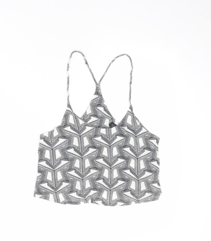 Topshop Womens White Geometric Viscose Cropped Tank Size 6 Round Neck
