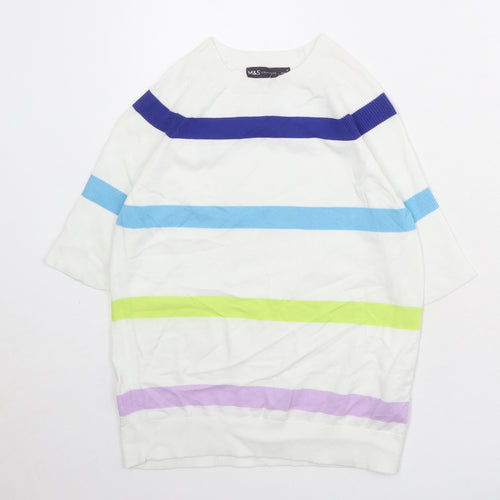 Marks and Spencer Womens White Round Neck Striped Cotton Pullover Jumper Size S