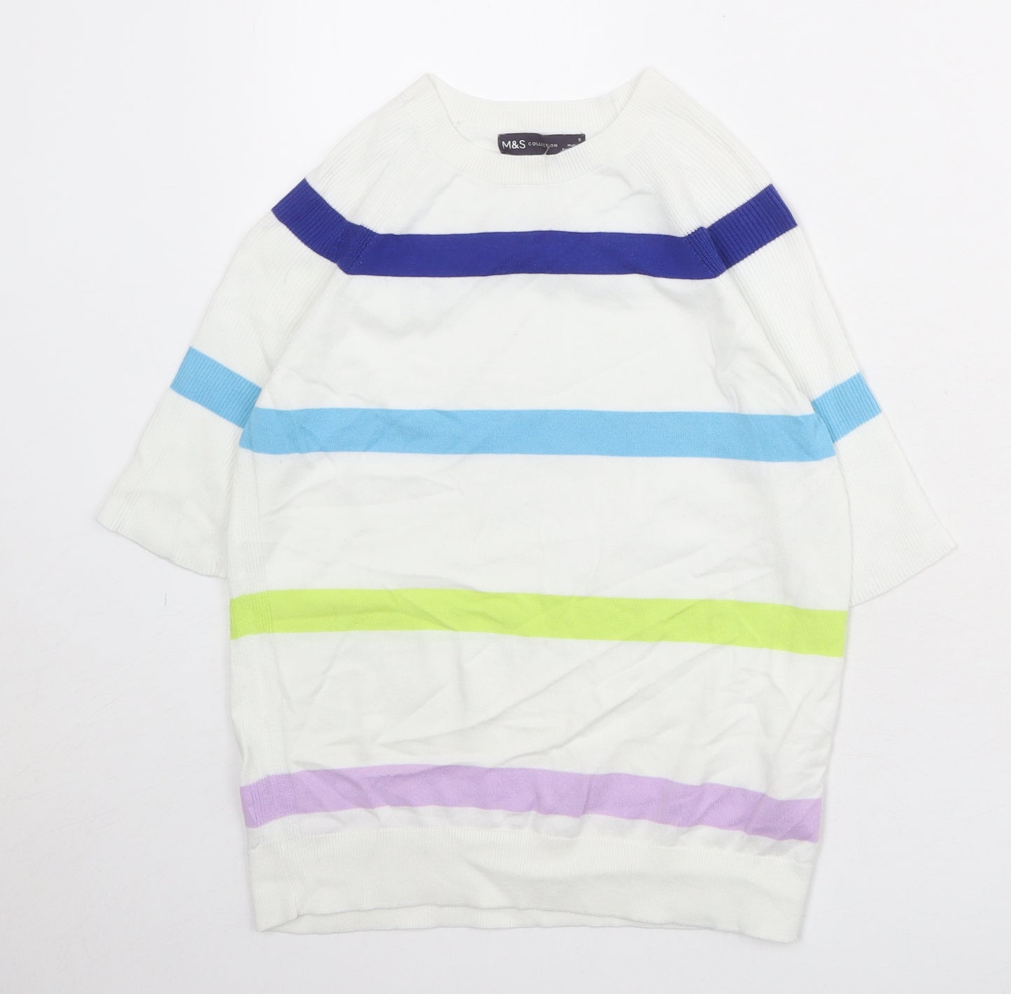 Marks and Spencer Womens White Round Neck Striped Cotton Pullover Jumper Size S