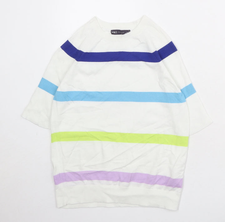 Marks and Spencer Womens White Round Neck Striped Cotton Pullover Jumper Size S