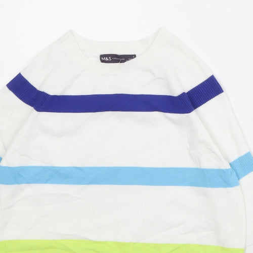 Marks and Spencer Womens White Round Neck Striped Cotton Pullover Jumper Size S