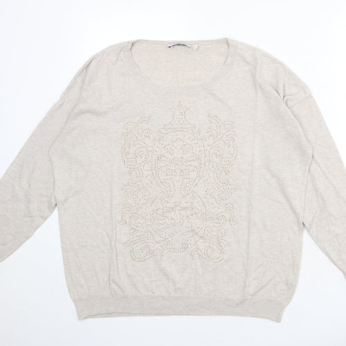 Yessica Womens Beige Round Neck Cotton Pullover Jumper Size L