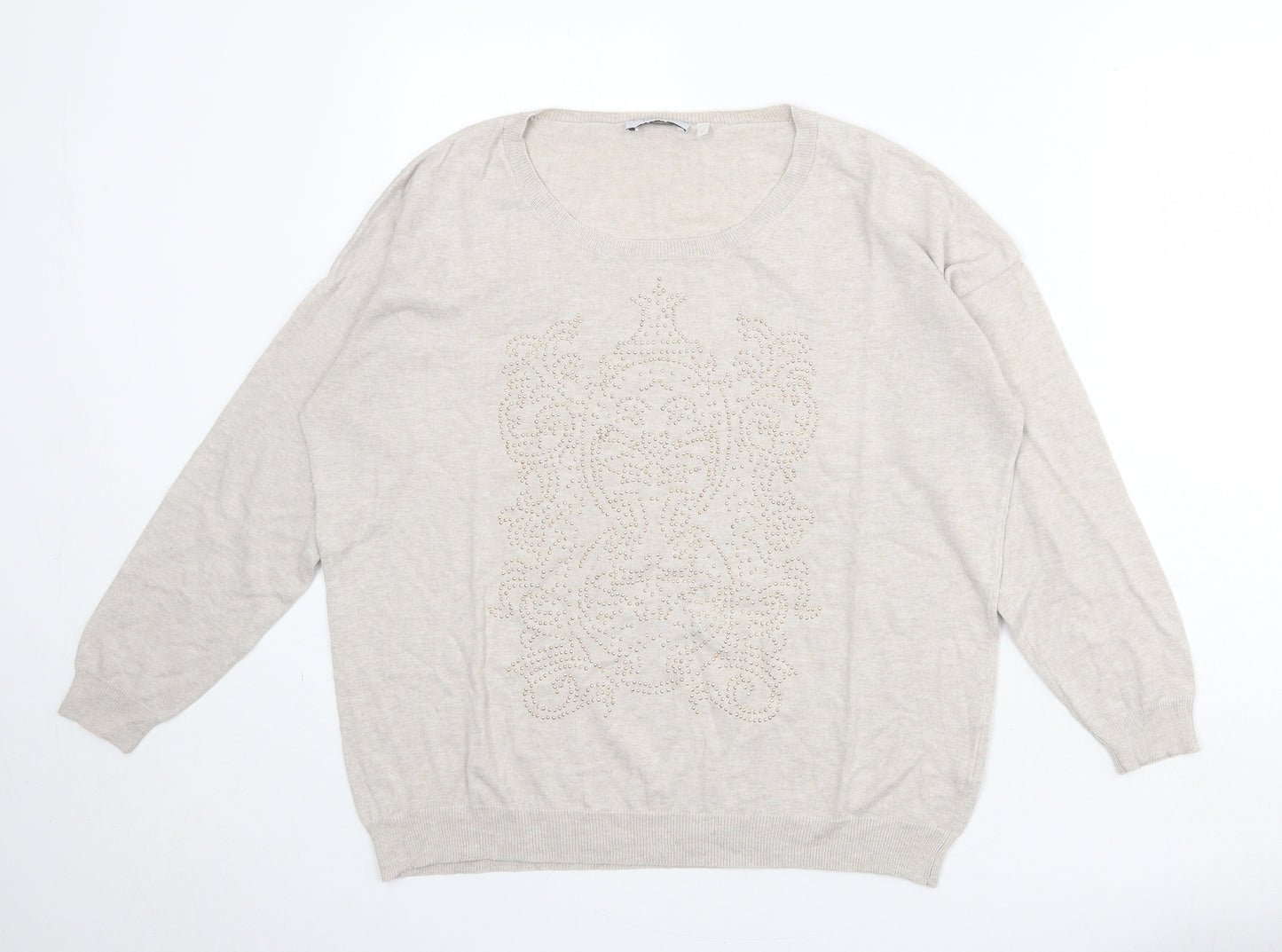 Yessica Womens Beige Round Neck Cotton Pullover Jumper Size L