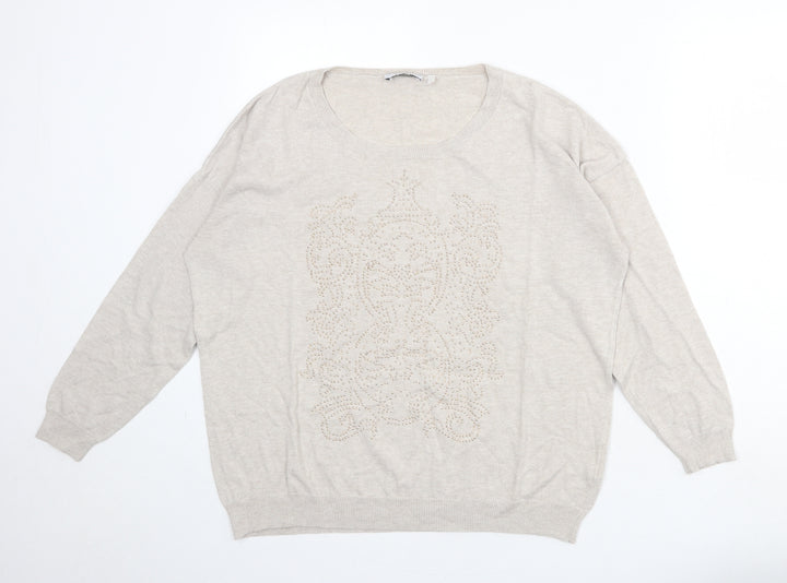 Yessica Womens Beige Round Neck Cotton Pullover Jumper Size L