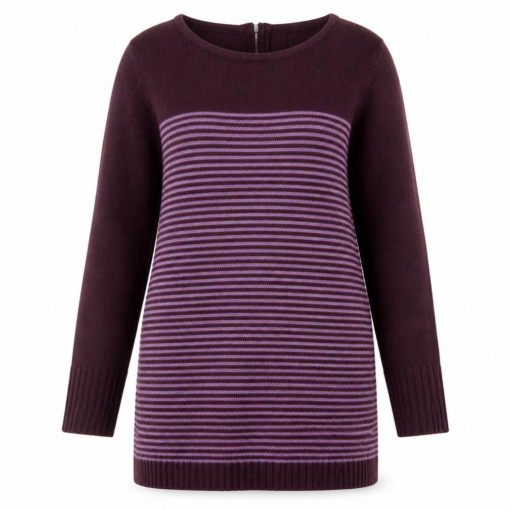 Front view of M&Co women’s purple round neck striped acrylic jumper, size M