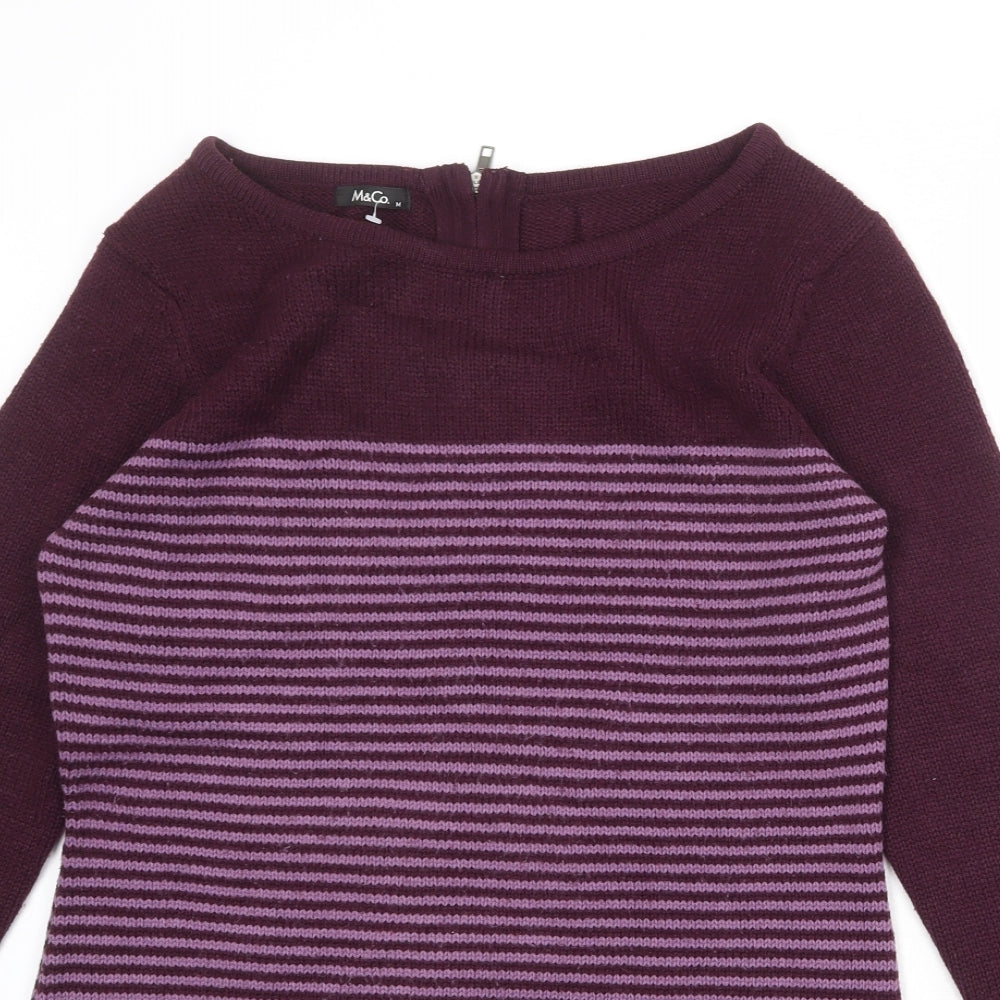 M&Co Womens Purple Round Neck Striped Acrylic Pullover Jumper Size M