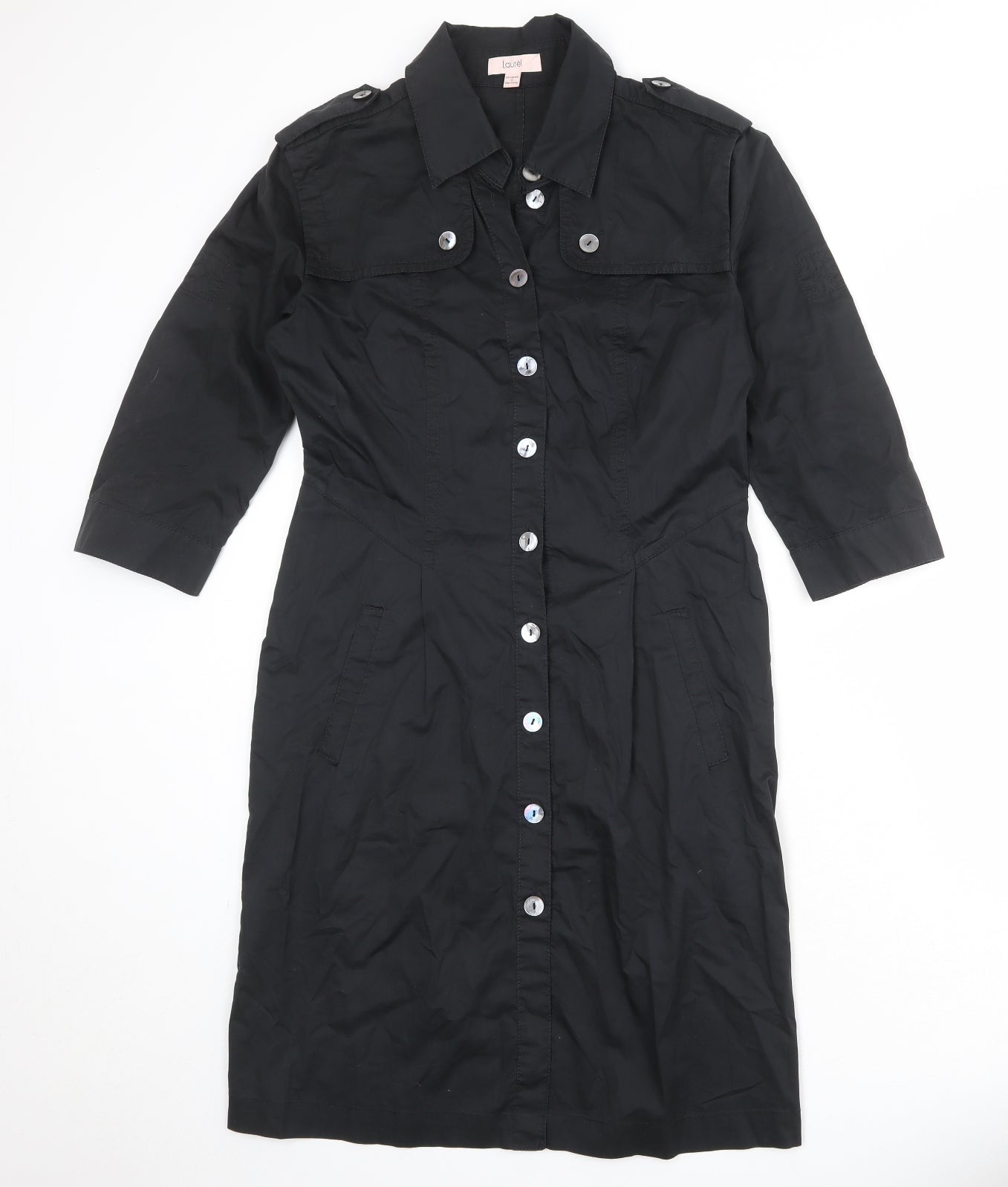 Laurél Womens Black 100% Cotton Shirt Dress Size 12 Collared Button