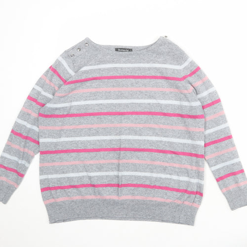 Bonmarché Womens Grey Round Neck Striped Acrylic Pullover Jumper Size L