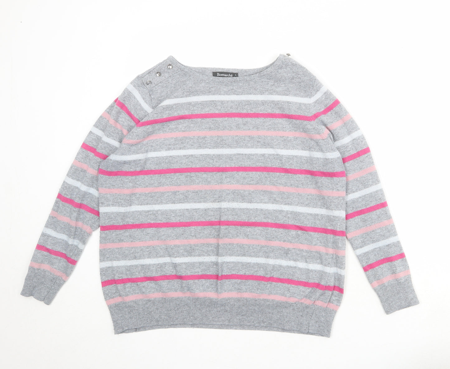 Bonmarché Womens Grey Round Neck Striped Acrylic Pullover Jumper Size L