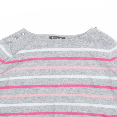 Bonmarché Womens Grey Round Neck Striped Acrylic Pullover Jumper Size L
