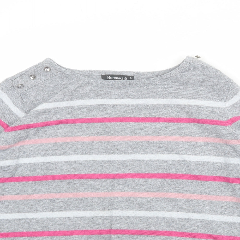 Bonmarché Womens Grey Round Neck Striped Acrylic Pullover Jumper Size L