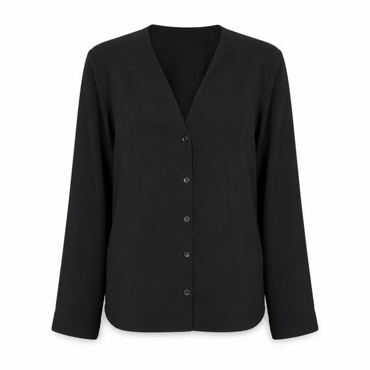Front view of ASOS women’s black polyester basic button-up, size UK 6, v-neck