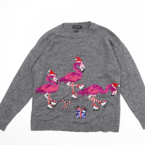 New Look Womens Grey Round Neck Acrylic Pullover Jumper Size S - Flamingo